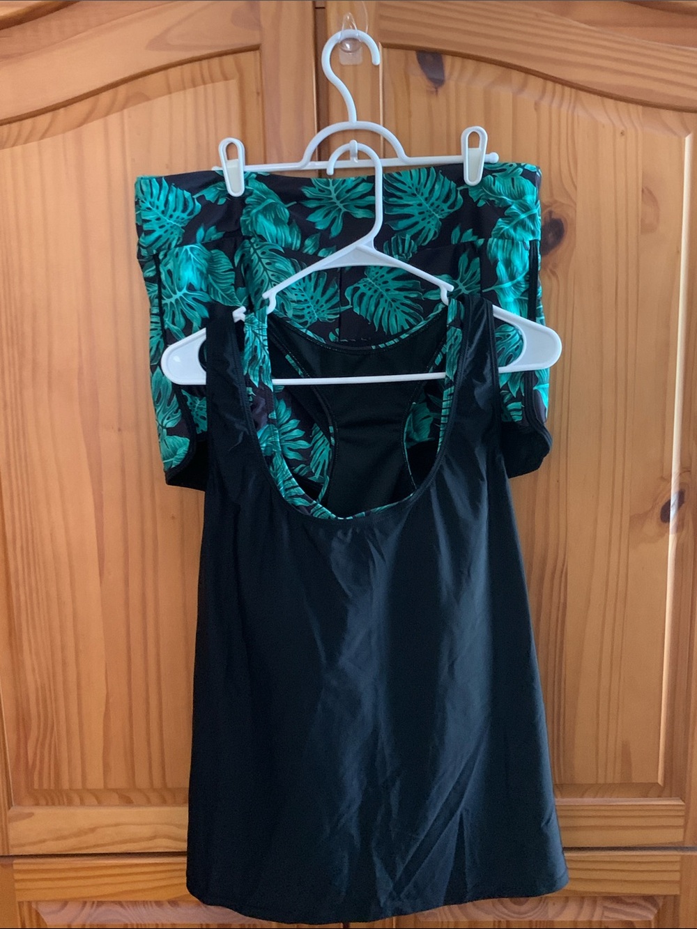 Black Tankini 3 Piece  Swim Set with Green Print Trim NWOT